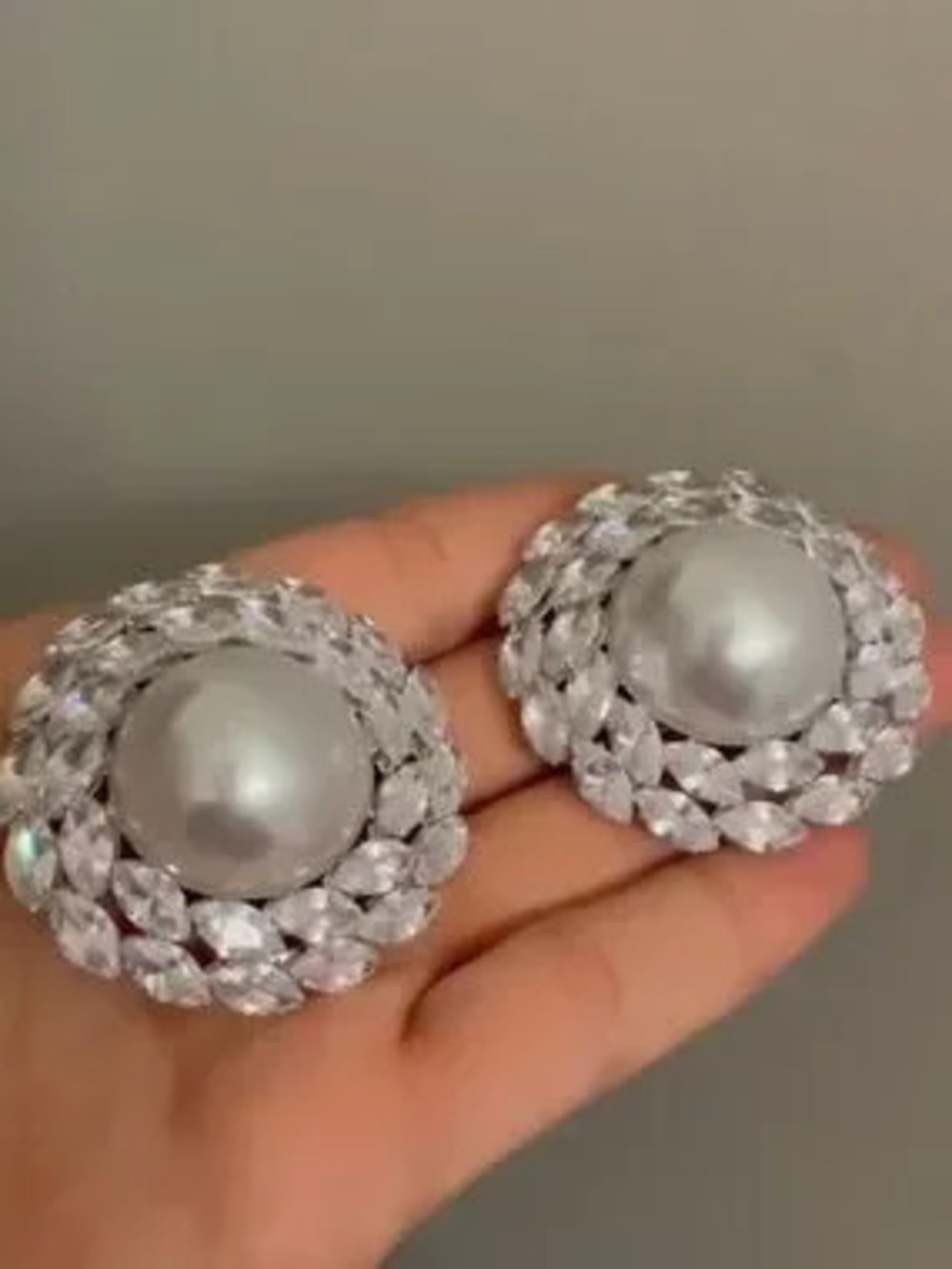 Silver Pearl and Crystal Cluster Earrings